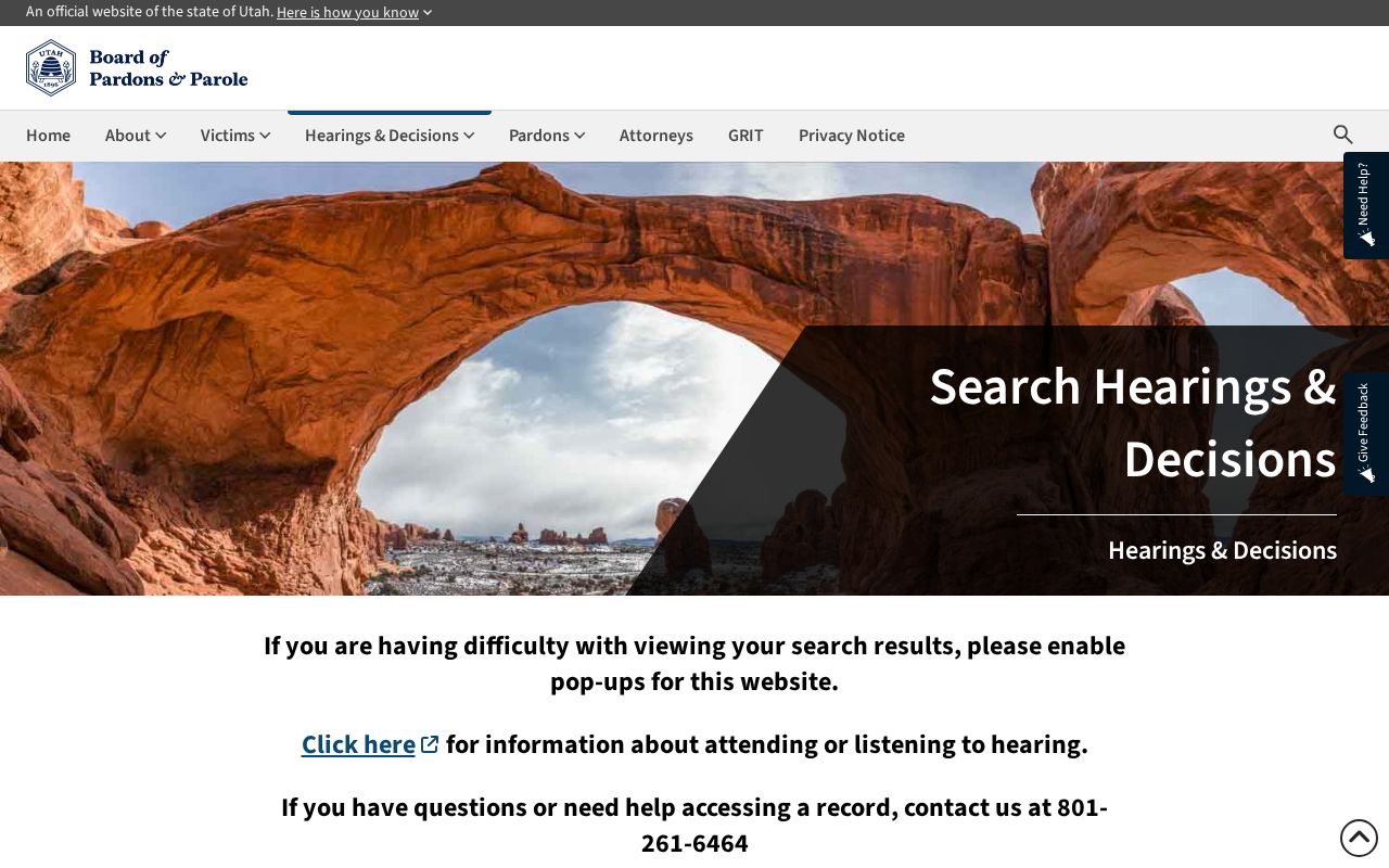 Utah Board search used to verify Davis County parole hearings and decisions